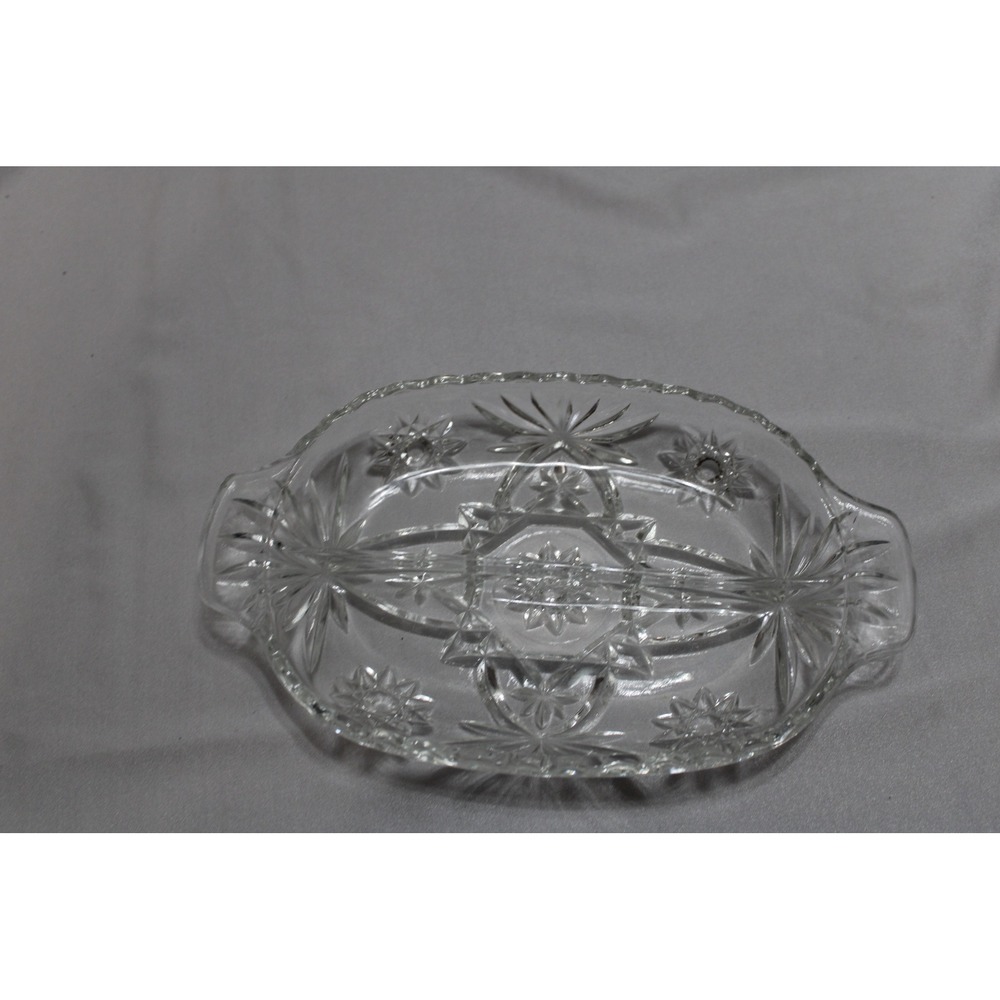 Vintage Clear Pressed Glass Divided Relish Dish Starburst Pattern Oval 9.5 Inch